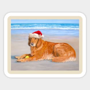 Golden Retriever with Santa Hat at Beach Sticker